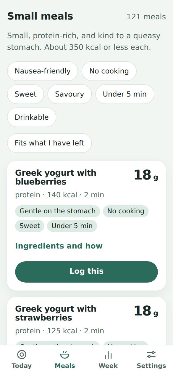 The Smallplate meal finder with filter buttons and meal cards showing protein, calories and time